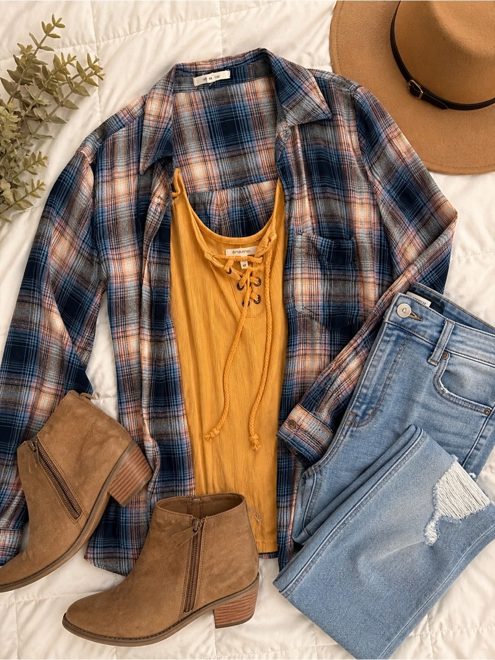 Maurices Plaid Button Down & Mustard Lace-Up Tank Set Medium